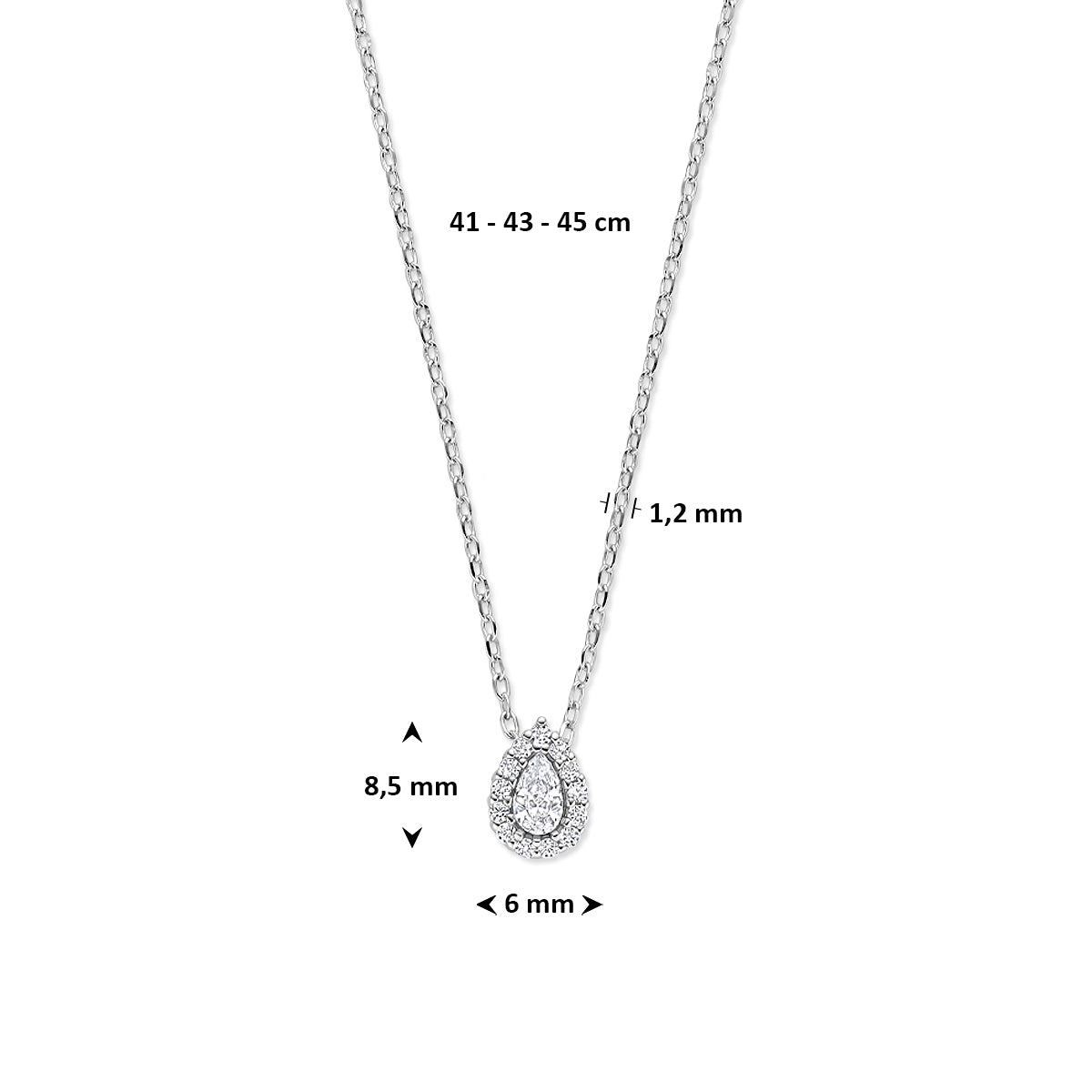 Saphira – Druppel Ketting – 925 Zilver Afmeting