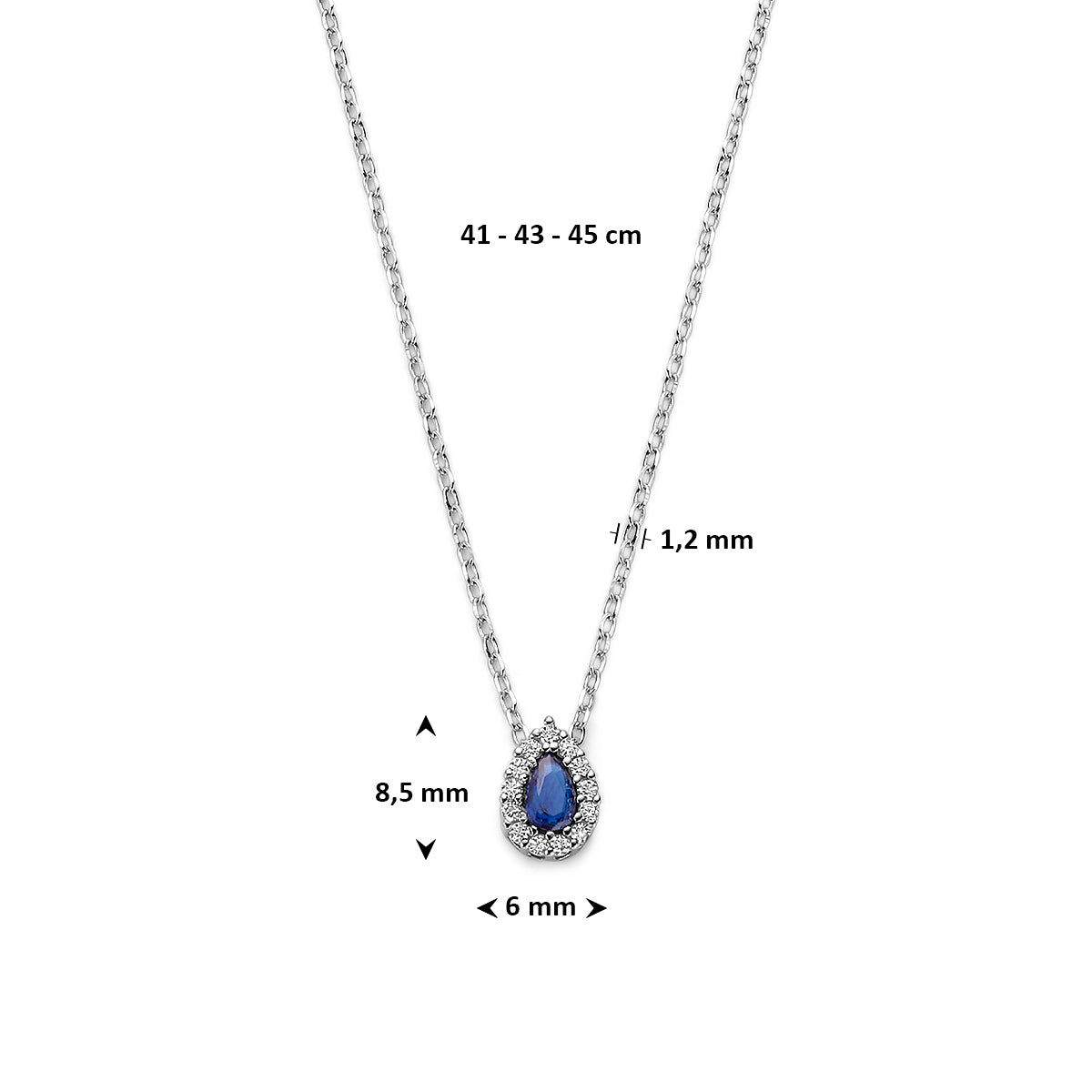 Saphira – Saffier Collier – 925 Zilver Afmeting