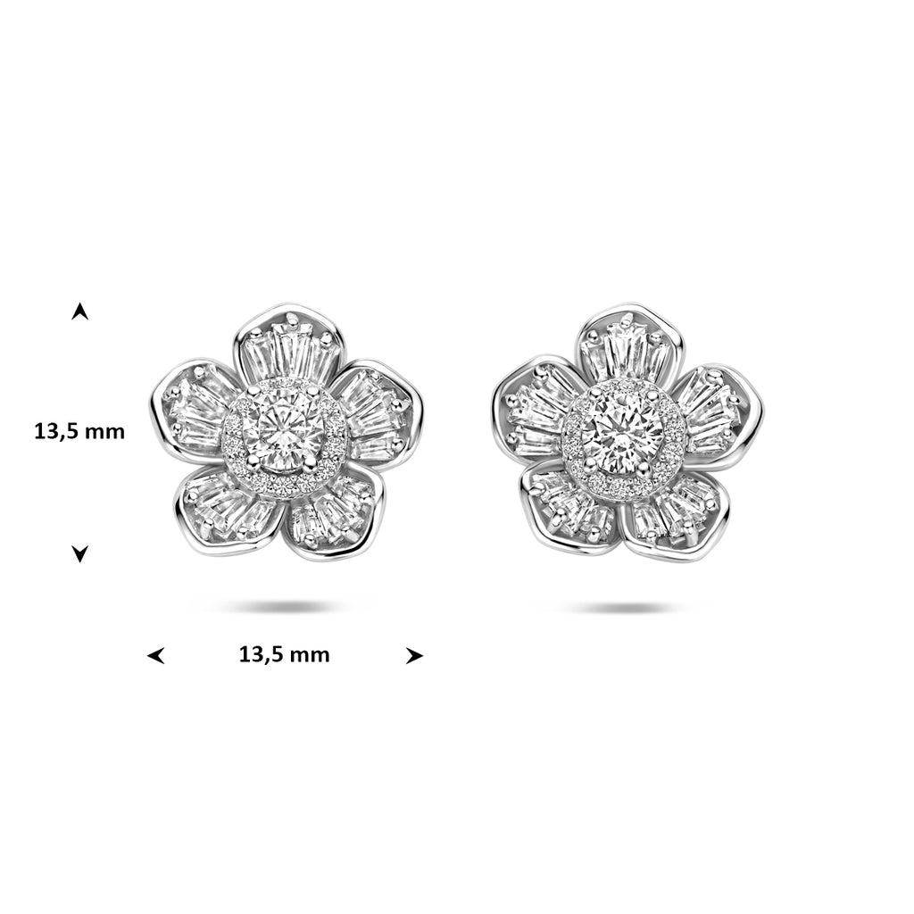 Bloem oorknoppen zilver met zirkonia achterkant en sluiting - City Juwelier