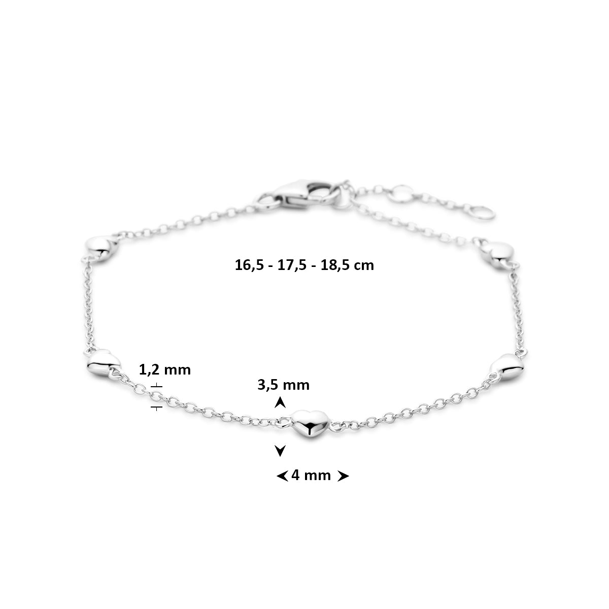Close-up karabijnsluiting en schakels van 925 zilveren hartjes armband - City Juwelier