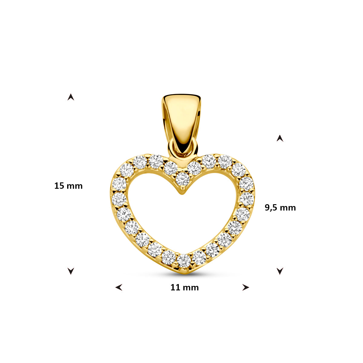 Close-up van hartvormige zirkonia in 14K gouden hanger - City Juwelier