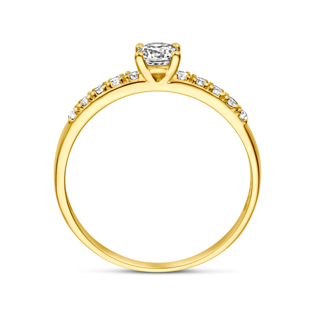 Close-up van zirkonia steen in gouden ring 14K geelgoud - City Juwelier