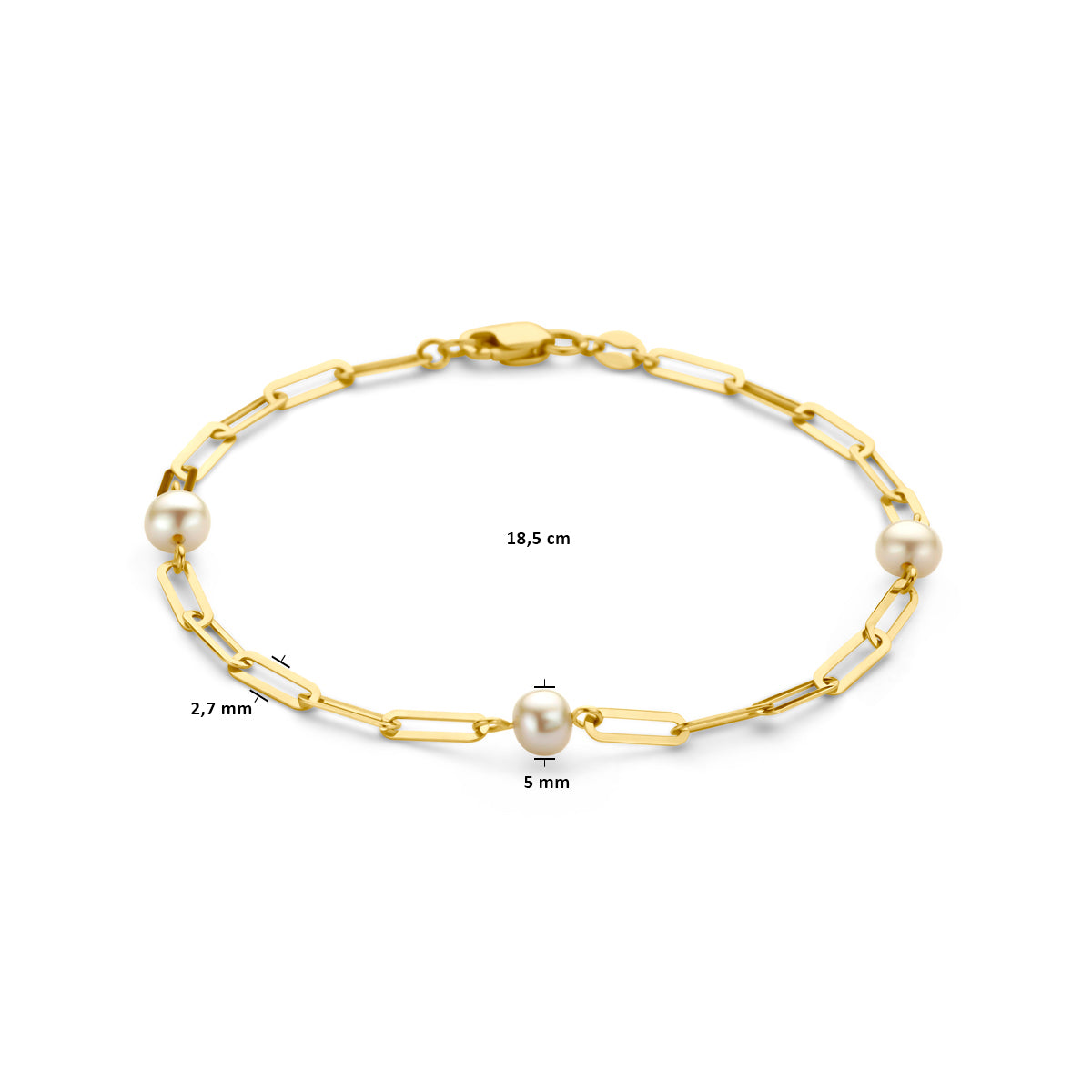 Detail van paperclip schakel gouden armband met parel accenten - City Juwelier