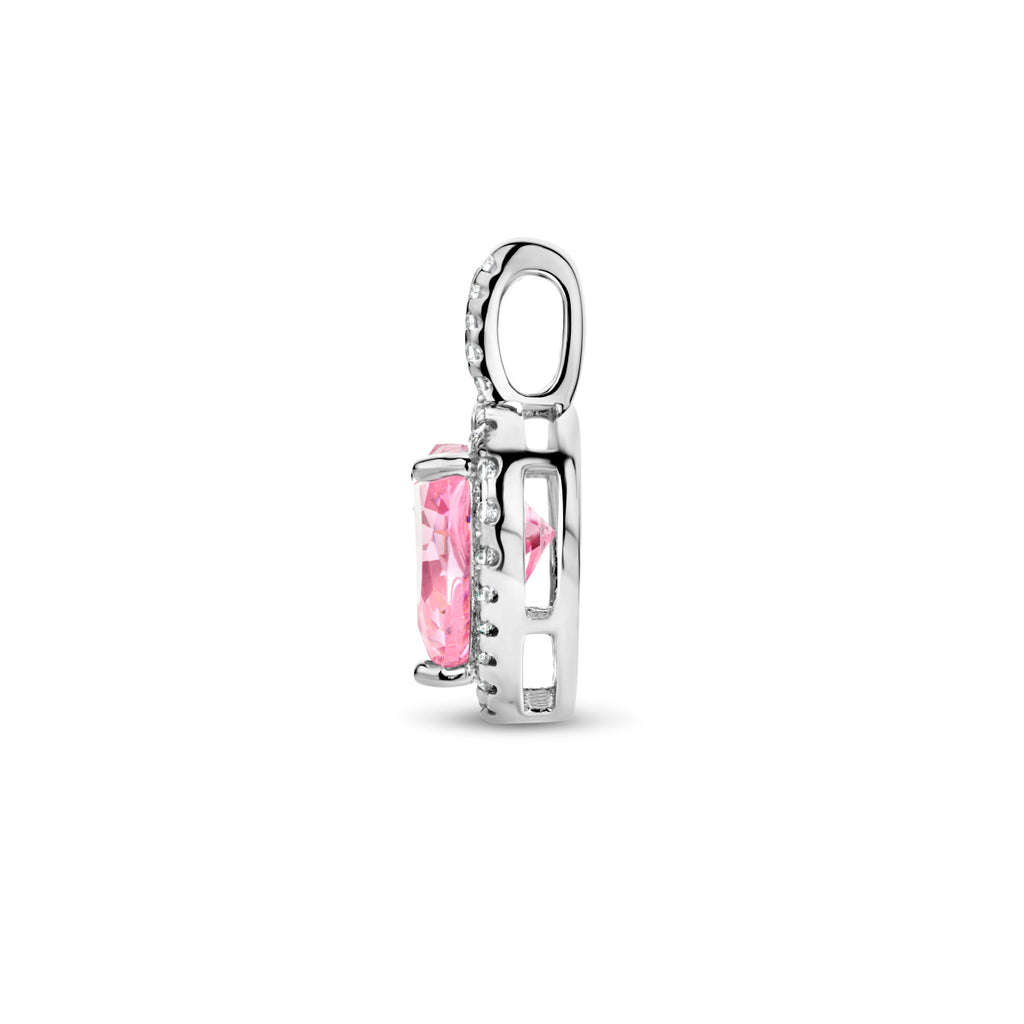 Detail van romantische zilveren hart hanger met roze steentjes - City Juwelier