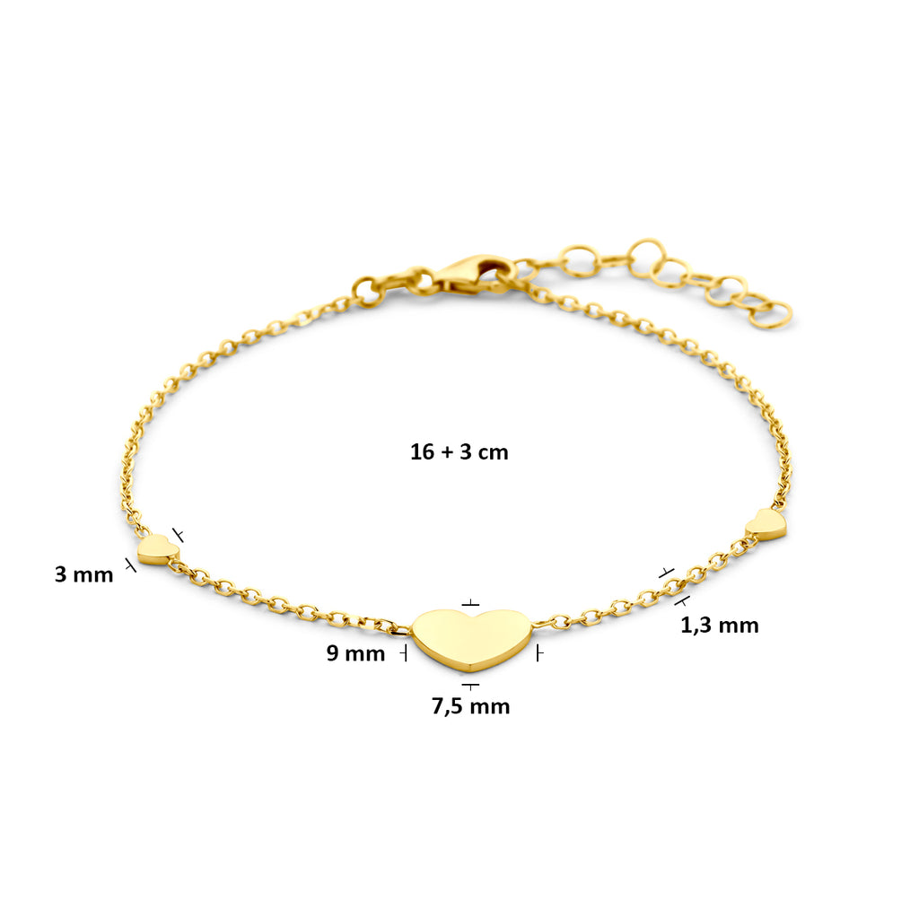 Detailopname hartjes design gouden damesarmband 585 geelgoud - City Juwelier