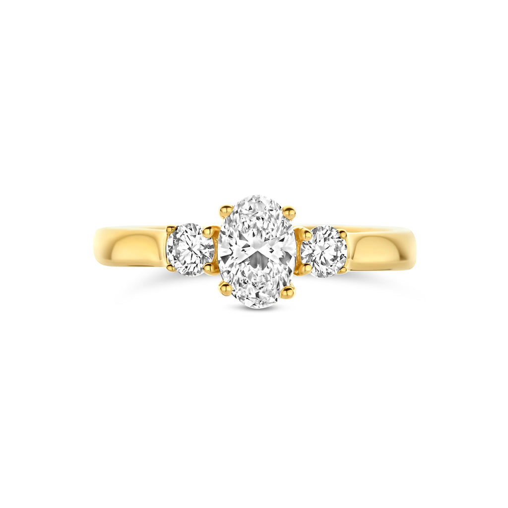 Geelgouden dames verlovingsring met drie diamanten zijaanzicht detail - City Juwelier