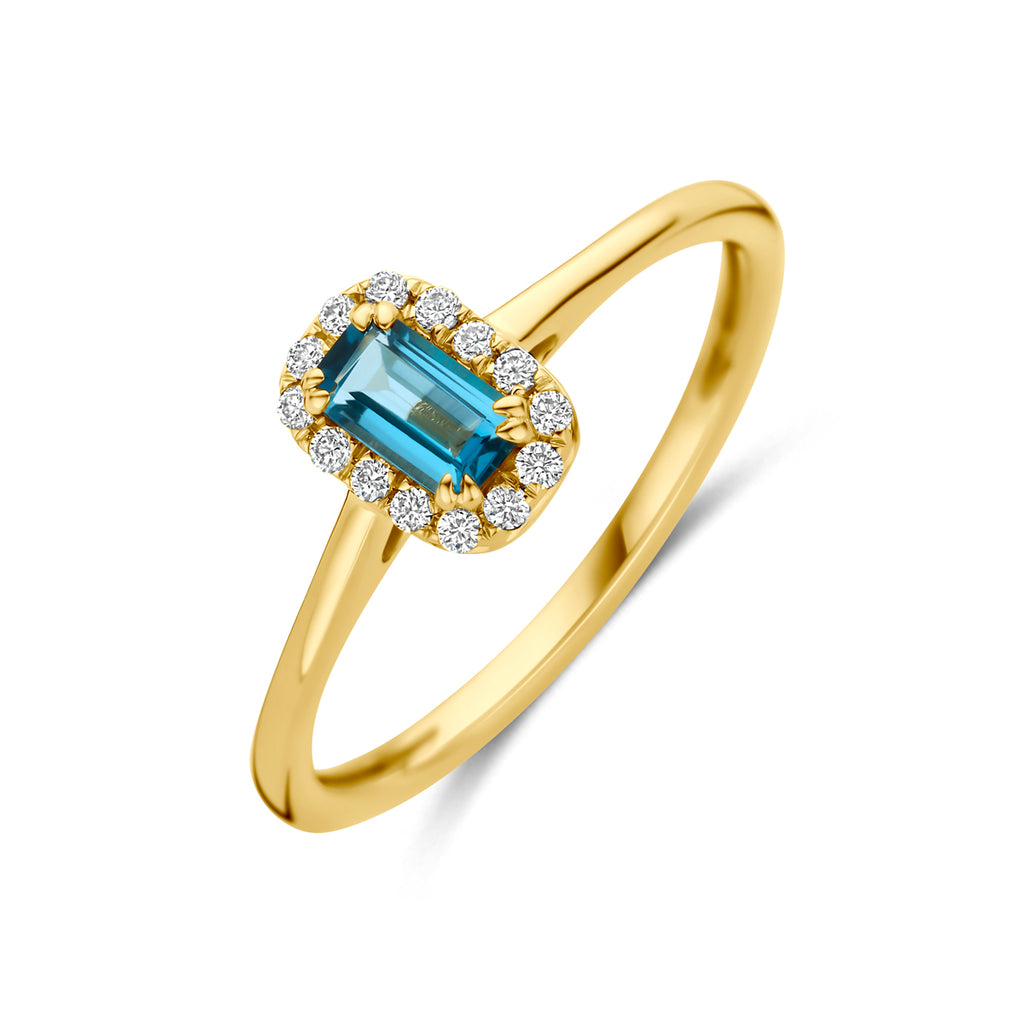Gouden ring dames met London Blue Topaas en lab grown diamanten vooraanzicht - City Juwelier