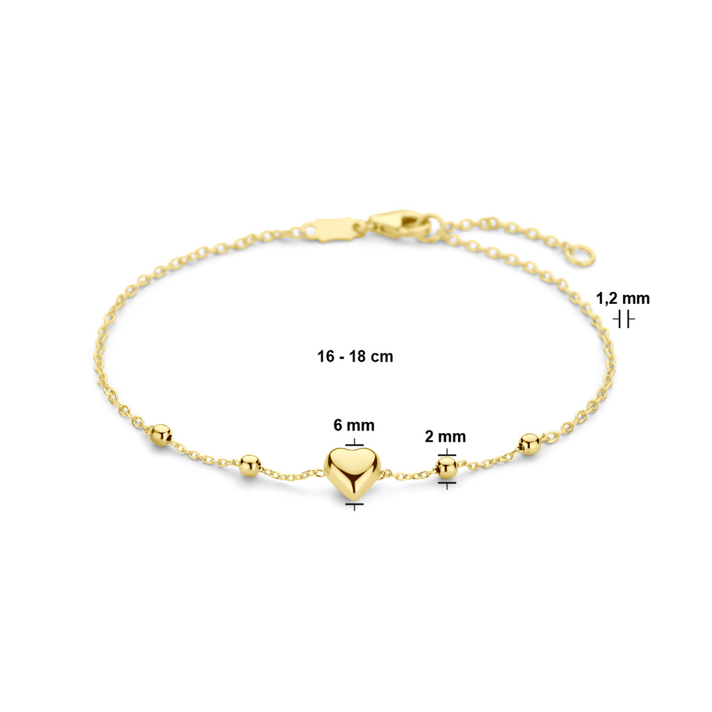 Zijaanzicht gouden dames armband met bolletjes en hart hanger - City Juwelier