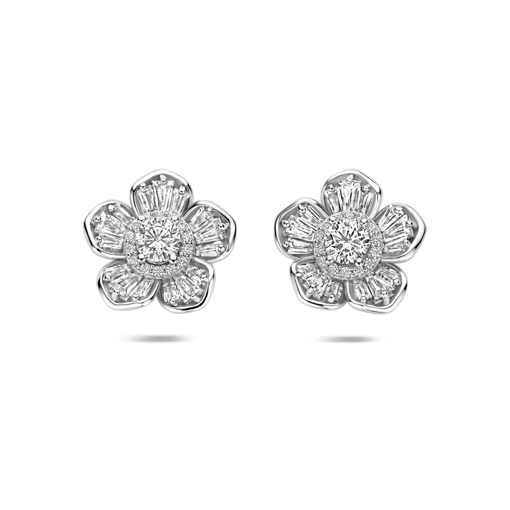 Zilveren oorbellen bloem met zirkonia vooraanzicht voor dames - City Juwelier