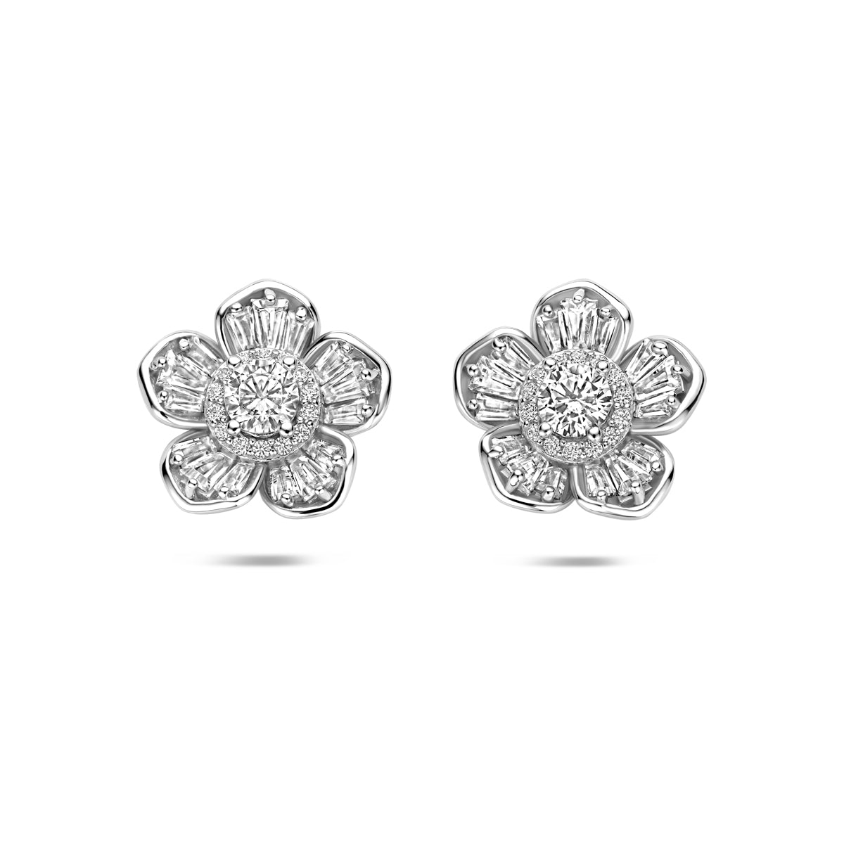 Zilveren oorbellen bloem met zirkonia vooraanzicht voor dames - City Juwelier